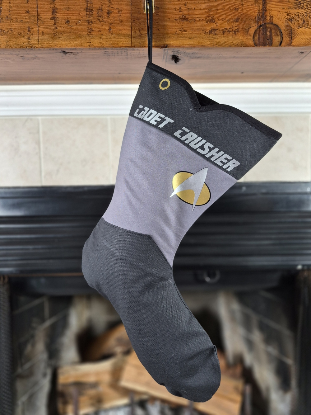 Star Fleet  Gray, Black & Gold Christmas Stocking with 'Cadet Crusher' Graphic